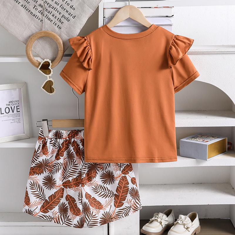 Girls' Casual Suit 2025 Summer Children's Lace Short Sleeve Top Fashion Printed Shorts Two-piece Set