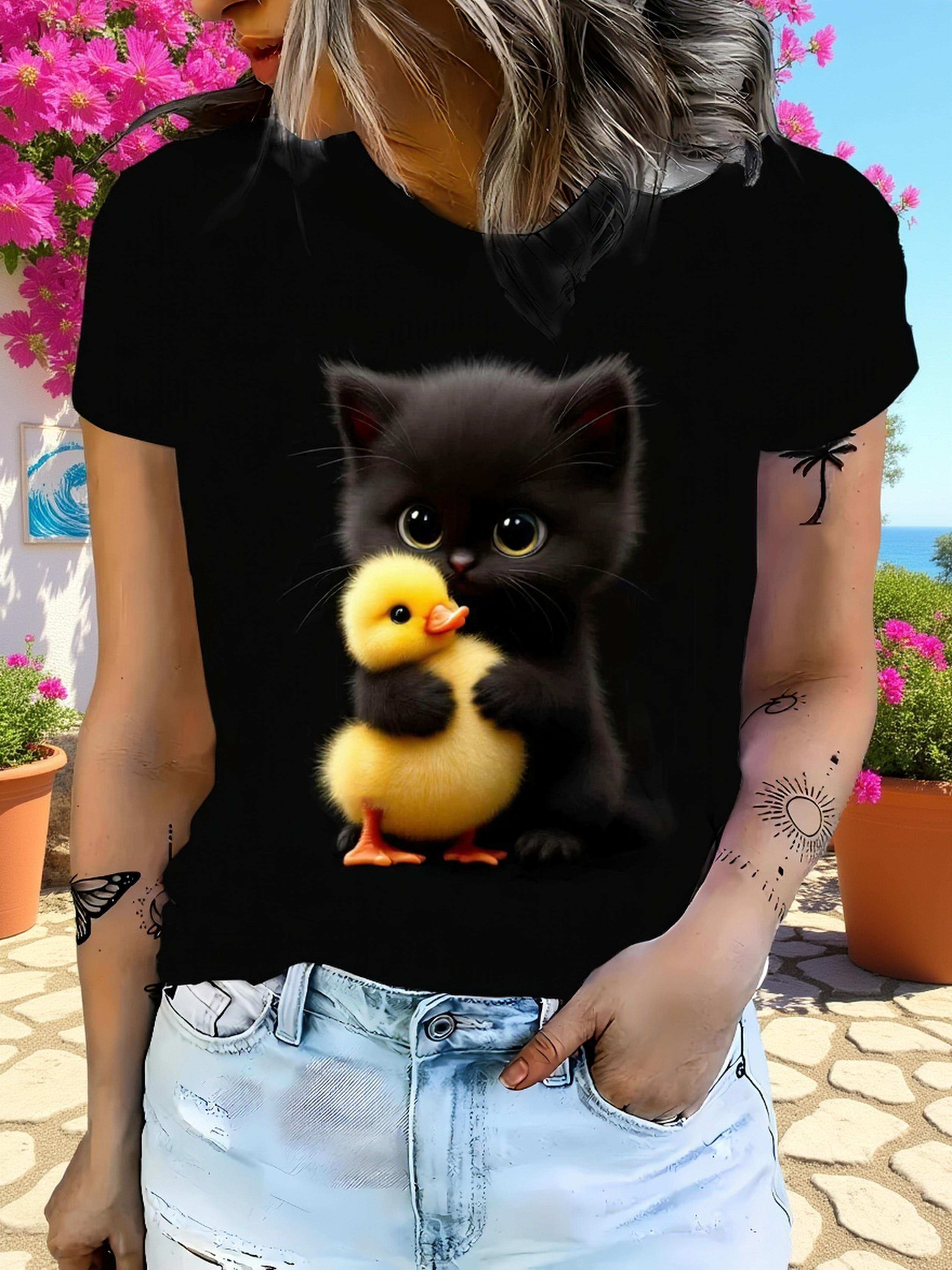 

Women s Cute Kitten ; Duckling Graphic Tee - Soft Black Shirt with Expressive Eyes. Machine Washable Everyday Casual Top for Pet Lovers - SpringFall O S дубильная кора