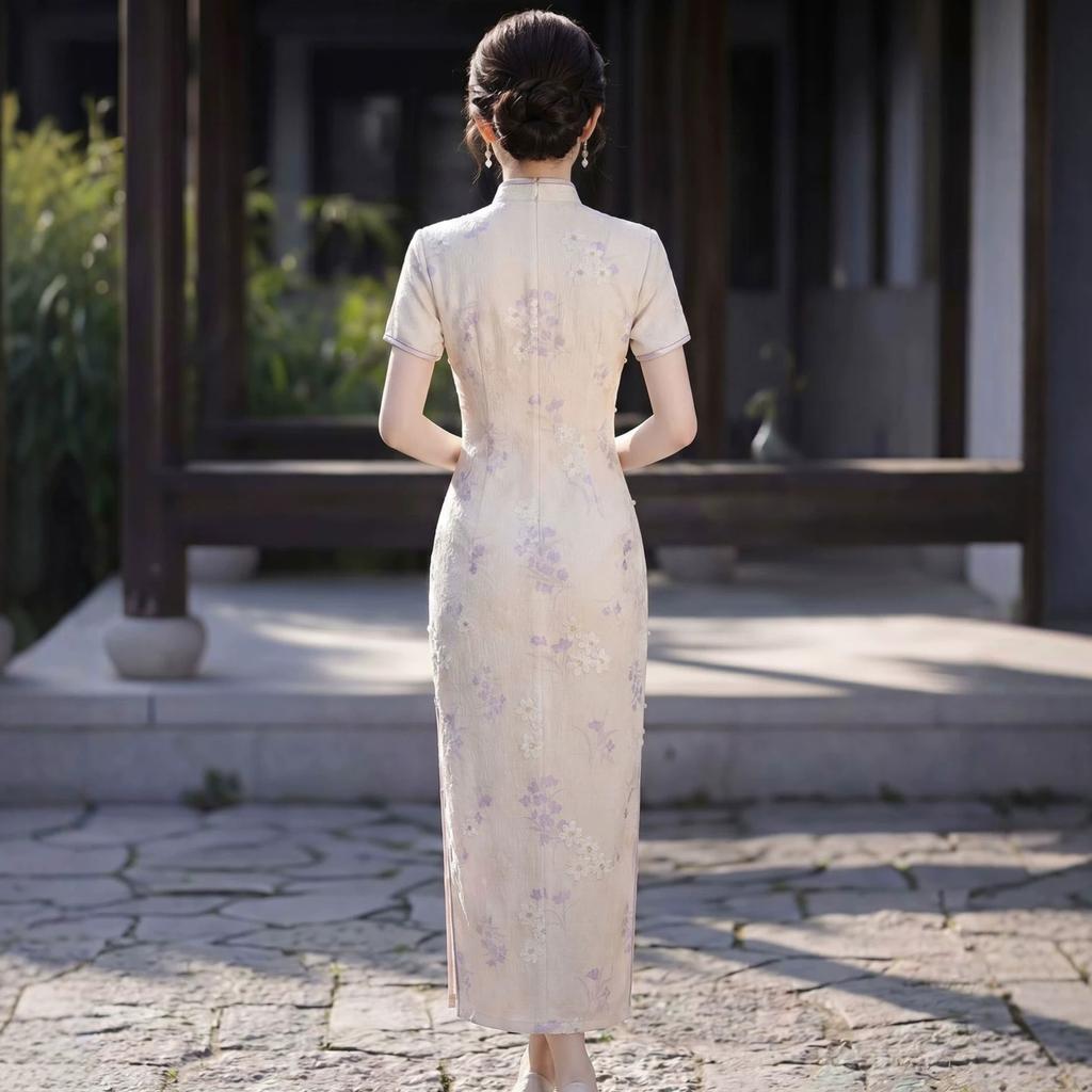 New Chinese retro improved 1 summer elegant gentle waist and thin high-end dress cheongsam split skirt