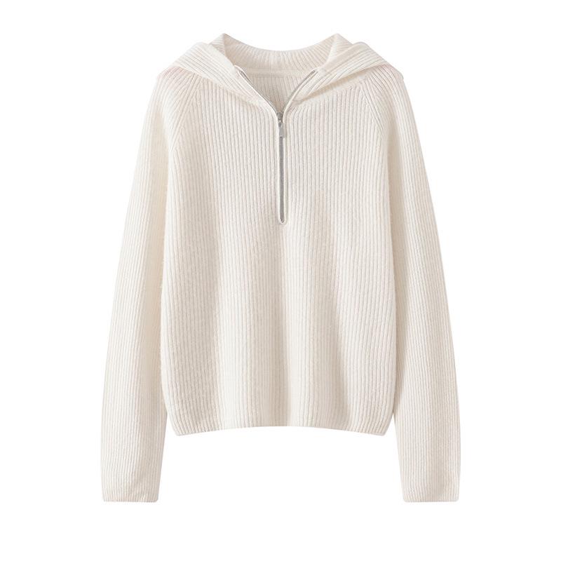 Women's Hooded Cashmere Pullover Sweater - Autumn/Winter, Loose Fit, Long Sleeve, Thick Knit Base Layer
