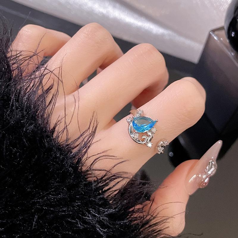 Fairy Wind Aquamarine Niche Design Sense Open Ring Light Luxury Premium Water Drop Full Diamond Index Finger Ring Stacked Wear Ring
