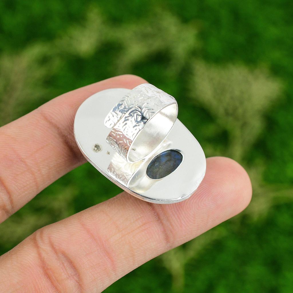 Gift For Her Natural Labradorite Statement Adjustable Ring 925 Silver