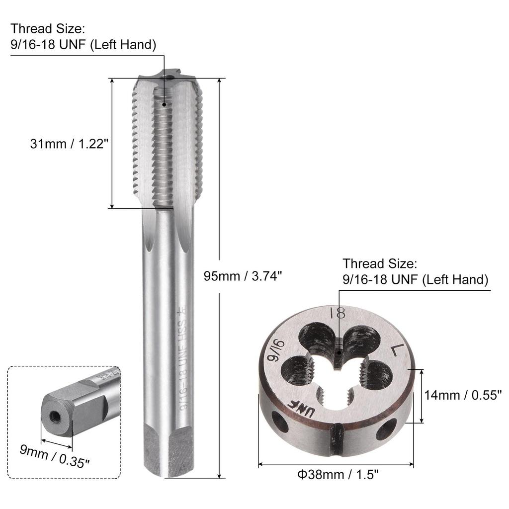 Uxcell 2-Piece Tap & Die Set, 9/16-18 UNF Left-Handed Thread Tap & Round Die, Tapping Thread Tool, Tap & Die Kit for Nut, Screw, Bolt Thread Repair