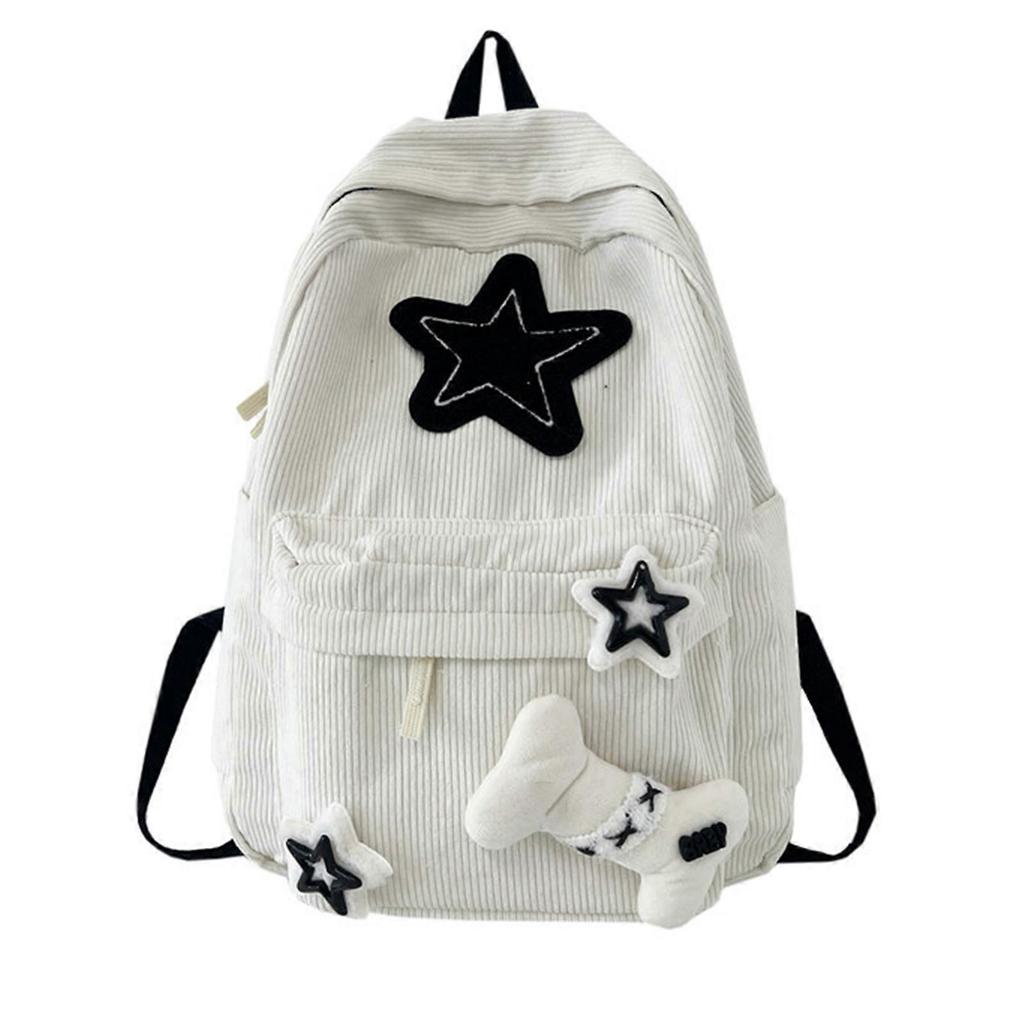 School Bags Double Strap Shoulder Bags with Star Pattern Backpack for Girl Student Large Capacity Corduroy Book Bag Beige