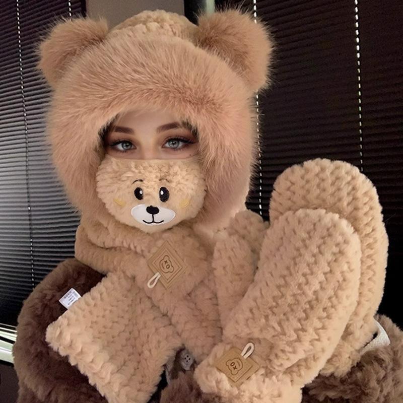 Bear Hat Scarf Integrated Women's Autumn and Winter Riding Cold Scarf Warm Ear Protection Cute Plush Gloves Mask