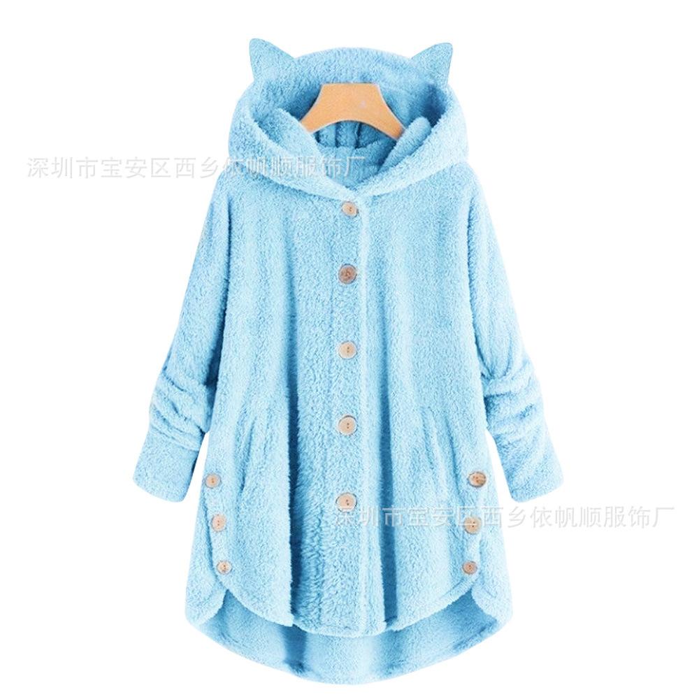 Autumn and Winter European and American Buttons Hooded Cat Ears Plush Top Irregular Trendy Brand Solid Color Coat Women