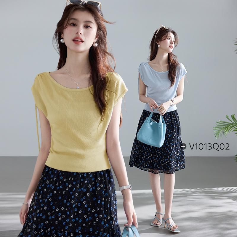 Light Oxygen Shallow Summer Lyocell Shoulder Drawstring Knitted Shirt