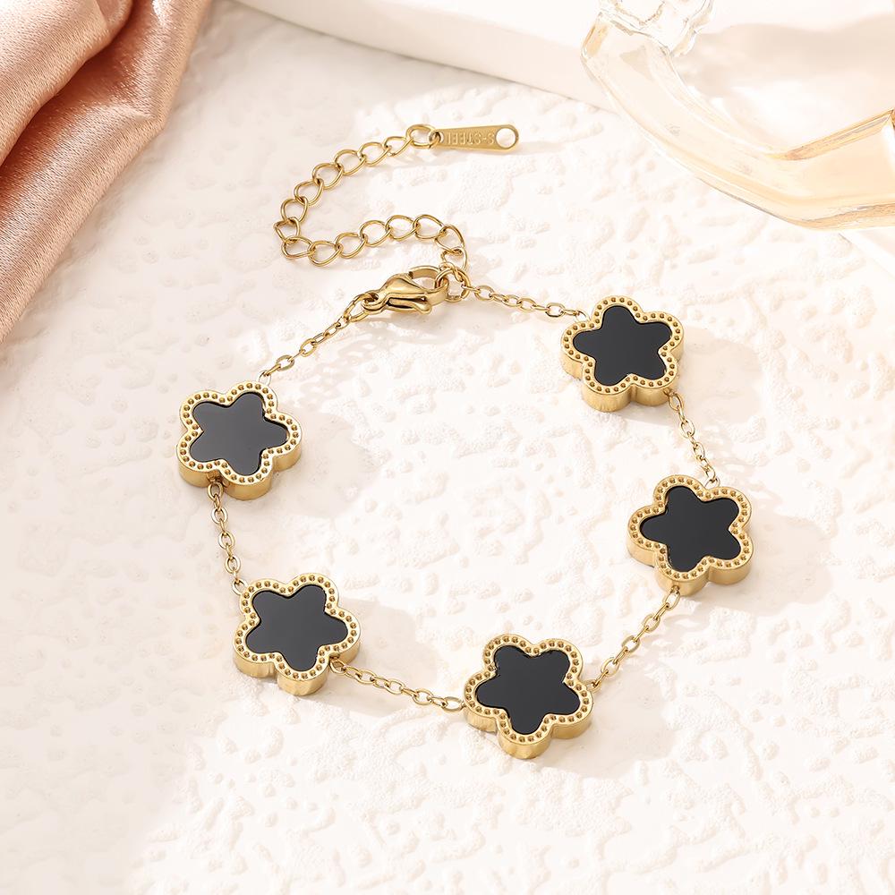 SHEIN 18K Gold-Plated Five-Petal Flower Jewelry Set: Bracelet, Necklace & Stud Earrings In Non-Fading Titanium Steel