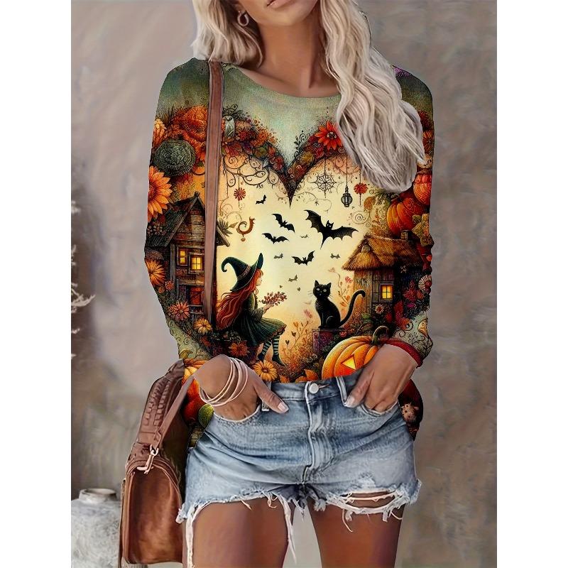 Women's Autumn and Winter 3D Printed Crew Neck Long Sleeve T-Shirt Fashion Versatile Trend Breathable Casual