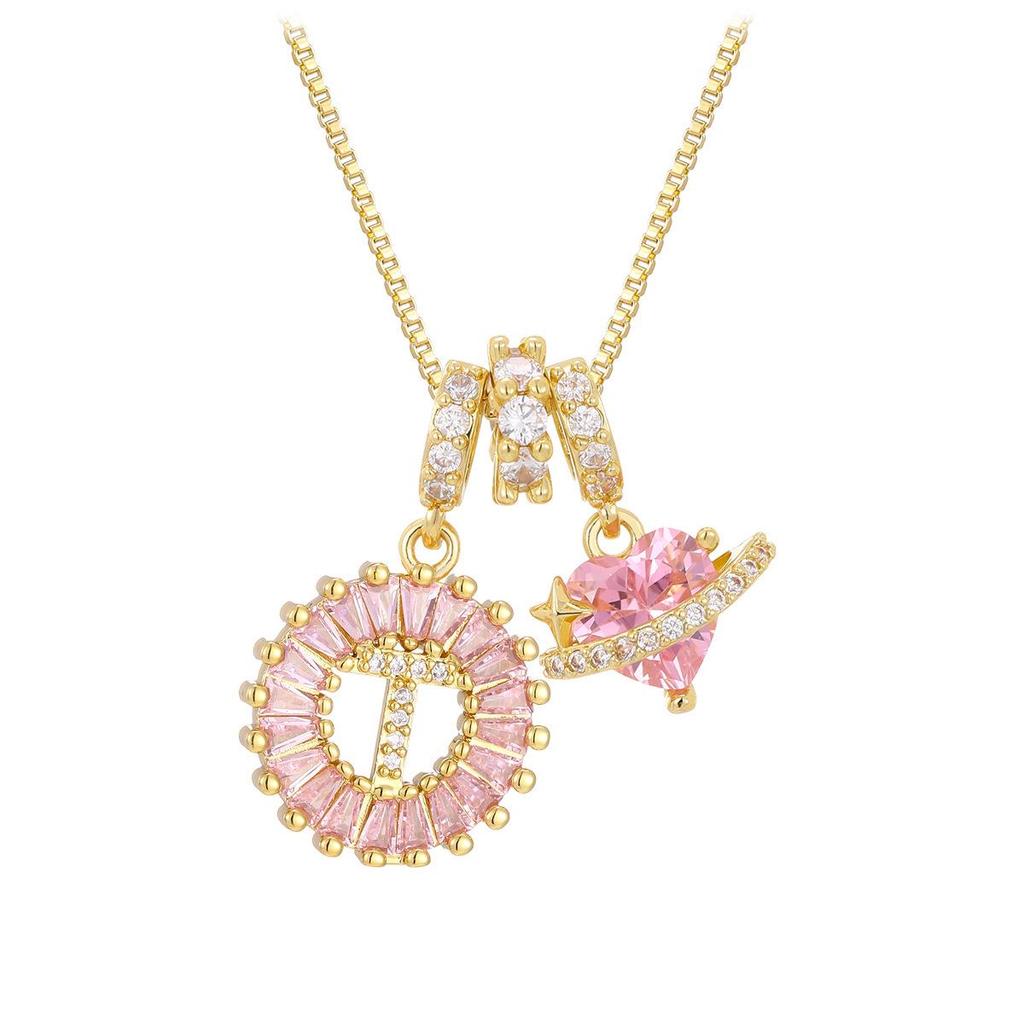 Pink Rock Candy 26-Letter Diamond Necklace with Gold-Plated Zircon and Round Flower Pendant