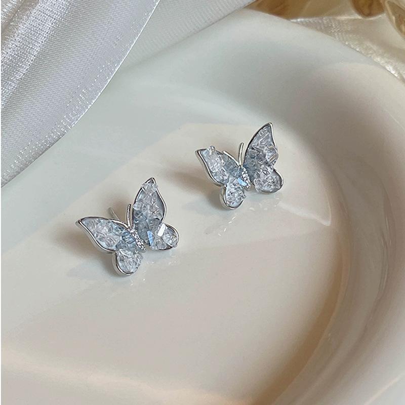 111 silver needle blue gradual change crystal butterfly stud earrings exquisite small personality versatile earrings temperament new earrings