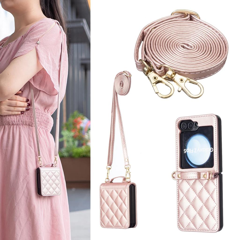 Luxury Crossbody Diamond Leather Case For Samsung Galaxy Z Flip 7 FE 6 5 4 3 5G Flip6 Shoulder Strap Slim Plain Folding Cover