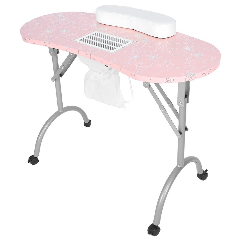 Pink Folding Manicure Table Station Salon Hand Pillow Nail Art Desk with Dust CollectorEU Plug 220V