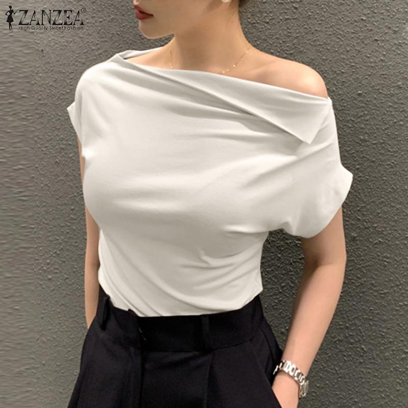 

ZANZEA Женская летняя модная блузка с нерегулярным вырезом с открытыми плечами и короткими рукавами, облегающая блузка, топы