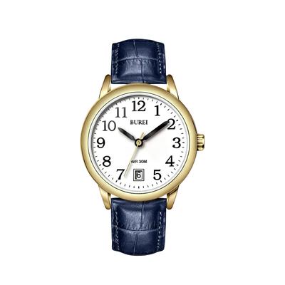 BUREI Analoge Quarzuhr mit Datum Blaues Leder Schlank und Perfekt für Freizeit und Business Perfekt für und Feiern Damen Zifferblatt, Armband, Passform,