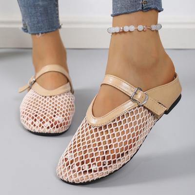 Moda Moda Rede de Pesca Bico Redondo Vazado Sapatos Baixos Femininos Baotou Boca Rasa Fivela de Cinto Malha Sola Macia Chinelos