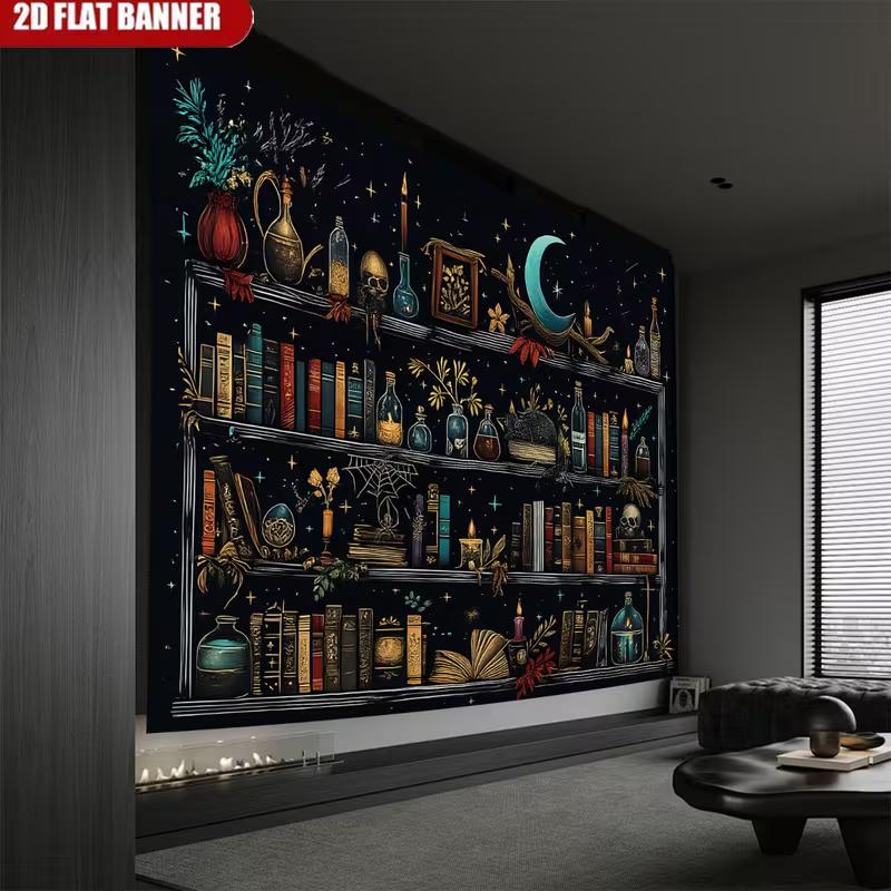 2D Dark Academia Witch Tapestry, Cosmic Moon & Potion Bottles Wall Decor