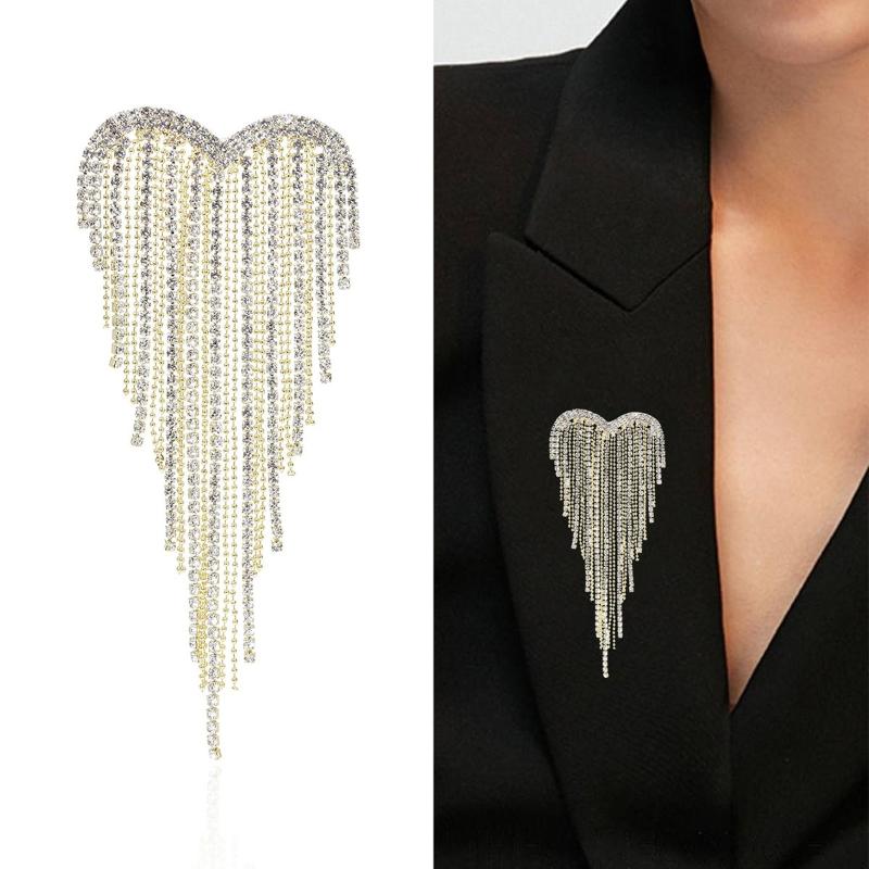 Trendy Shiny Tassel Love Brooches For Women Heart Pin Party Casual Lapel Suit Pins Gift Luxurious Tassel Brooches Jewelry