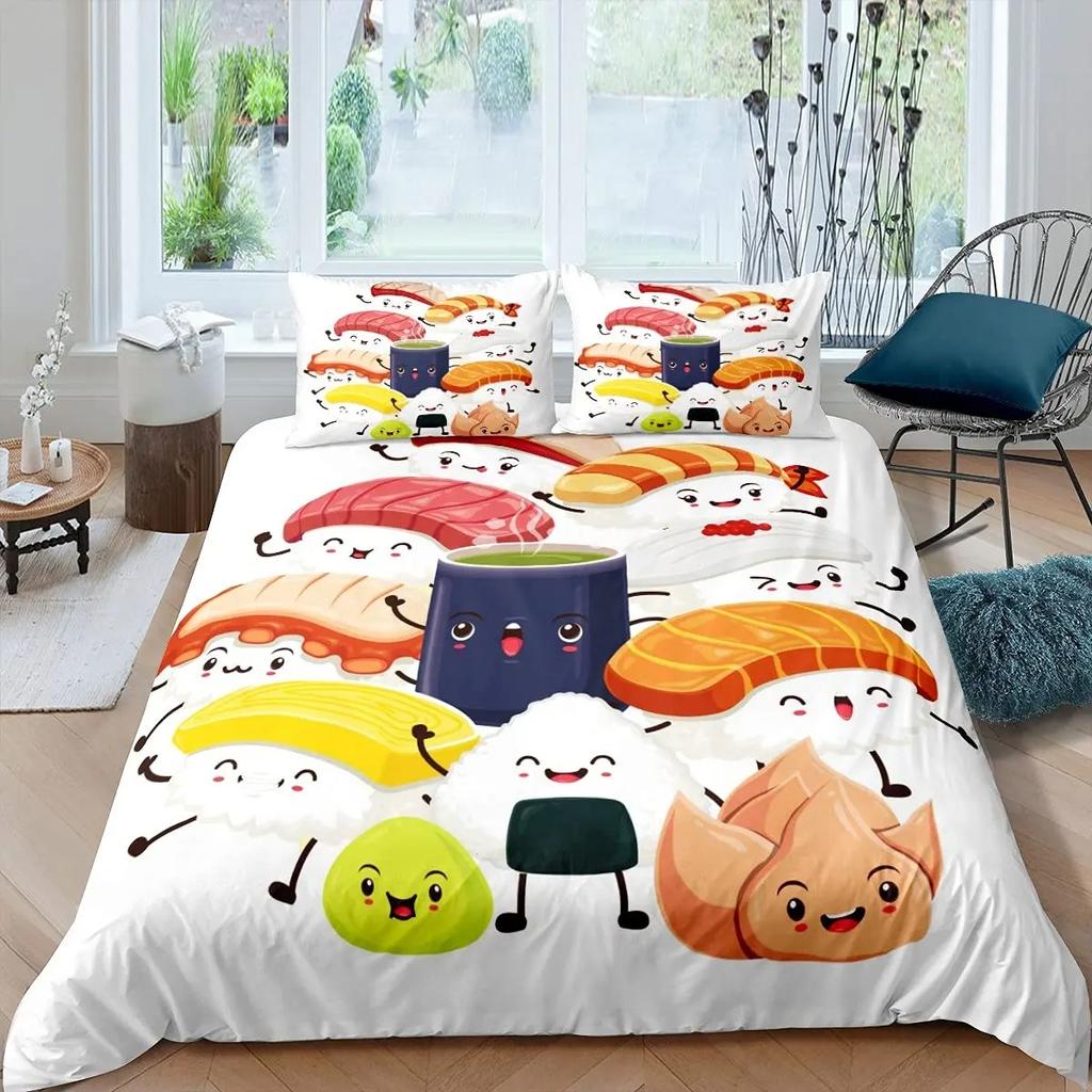 Japanese Sushi Duvet Cover King Size Microfiber Cute Cartoon Food Theme Bedding Set Quilt Cover