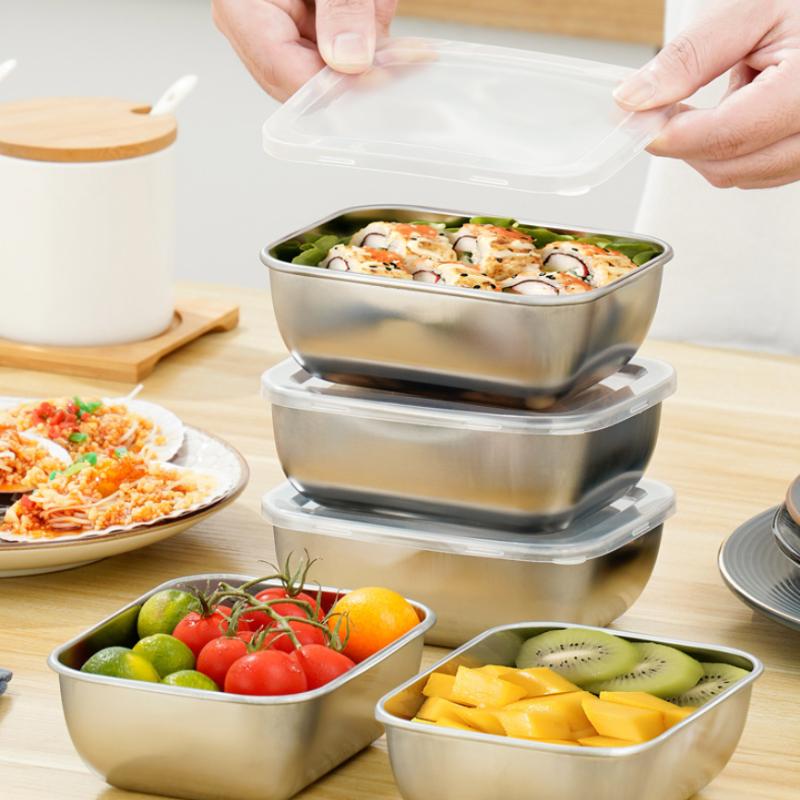 Stainless Steel Refrigerator Food Storage Box With Plastic Lid Prepare Food Freshness Preservation Box Picnic Box