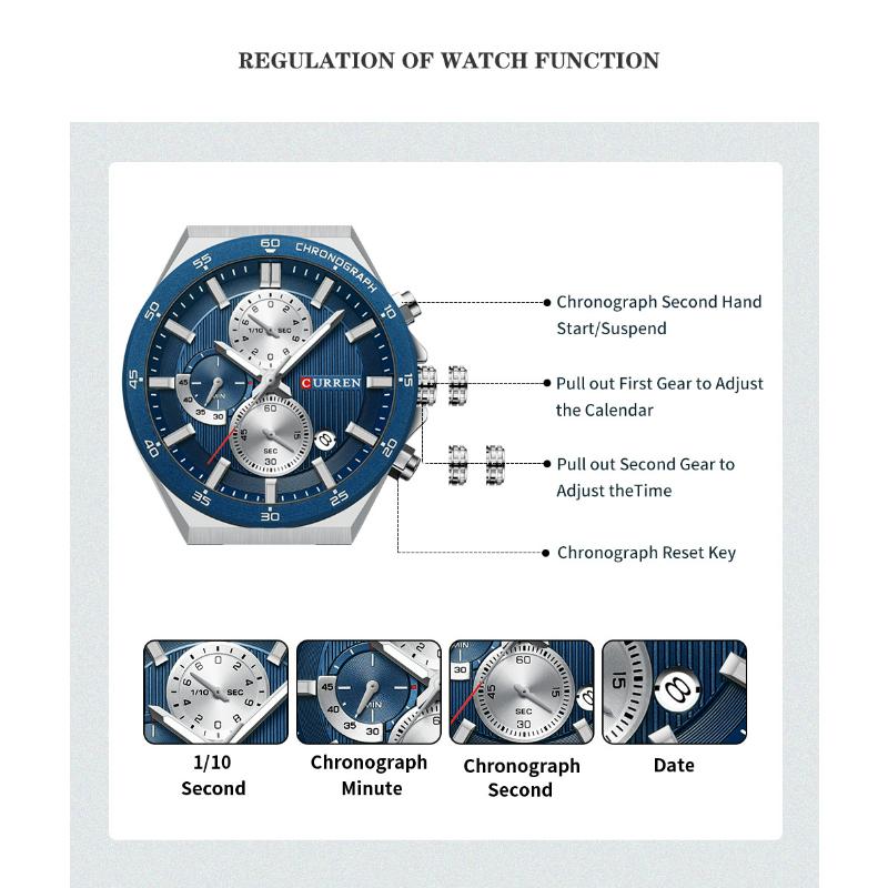 CURREN Sporty Elegant 43mm Men's Chronograph Dial Watch with Stainless Steel Band Luminous Hands Quartzt Wristwatch for Men