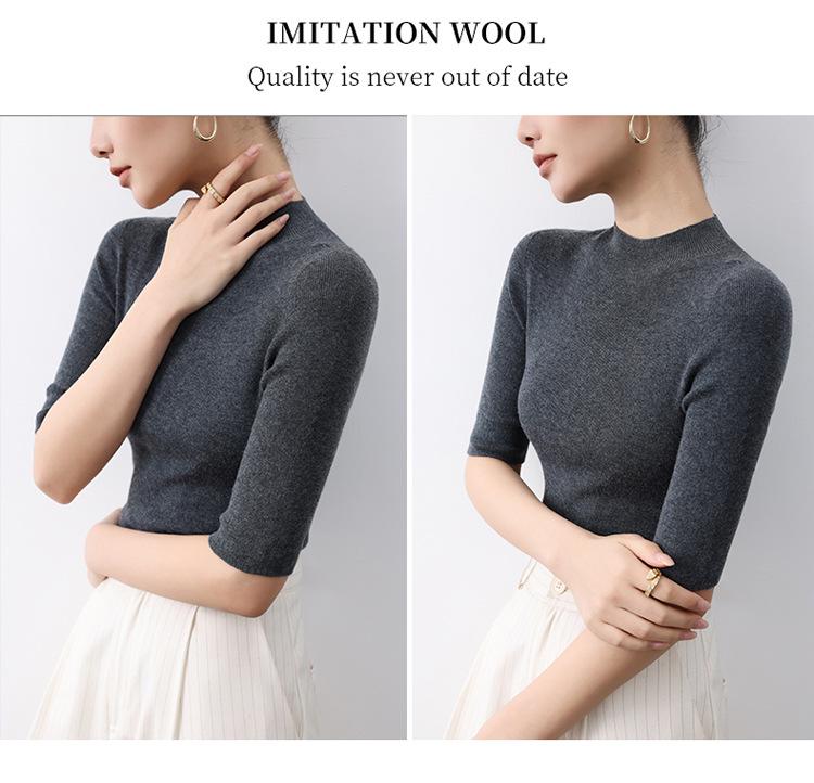 Ancola Women's Red Slim-Fit Wool Cardigan, Half-High Neck, Short Sleeves - 2025 Spring/Summer Thin Style Knitted Base Layer.