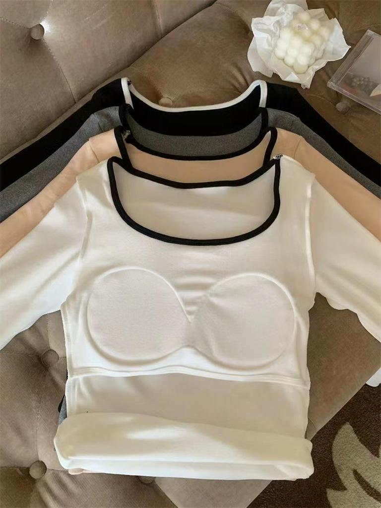 Korean Autumn/Winter Square Collar Long-Sleeve Velvet T-Shirt with Chest Pads for Women - Slim, Versatile, Warm Bottoming Top