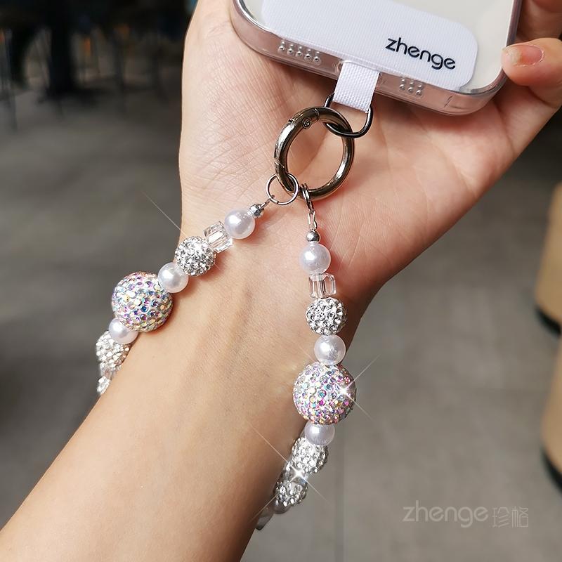 Pearl crystal mobile phone lanyard, short sparkling diamond bead bracelet, women's wrist anti lost hanging accessory