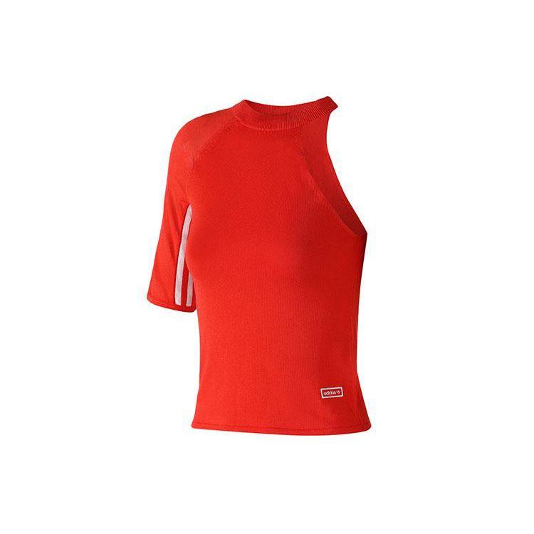 

Adidas Originals Logo Off-Shoulder Striped Round Neck Retro T-Shirt Women Tops Red DU7872 36