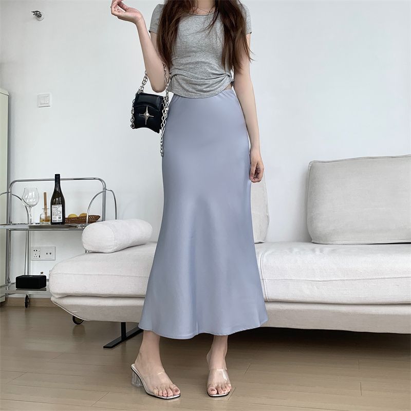 

2025 New Skirt Satin Sheath Mermaid Dress Women s Solid Color Versatile Slim-Fit High Waist Ruffles Skirt Midi Skirt Blue Gray regular XL