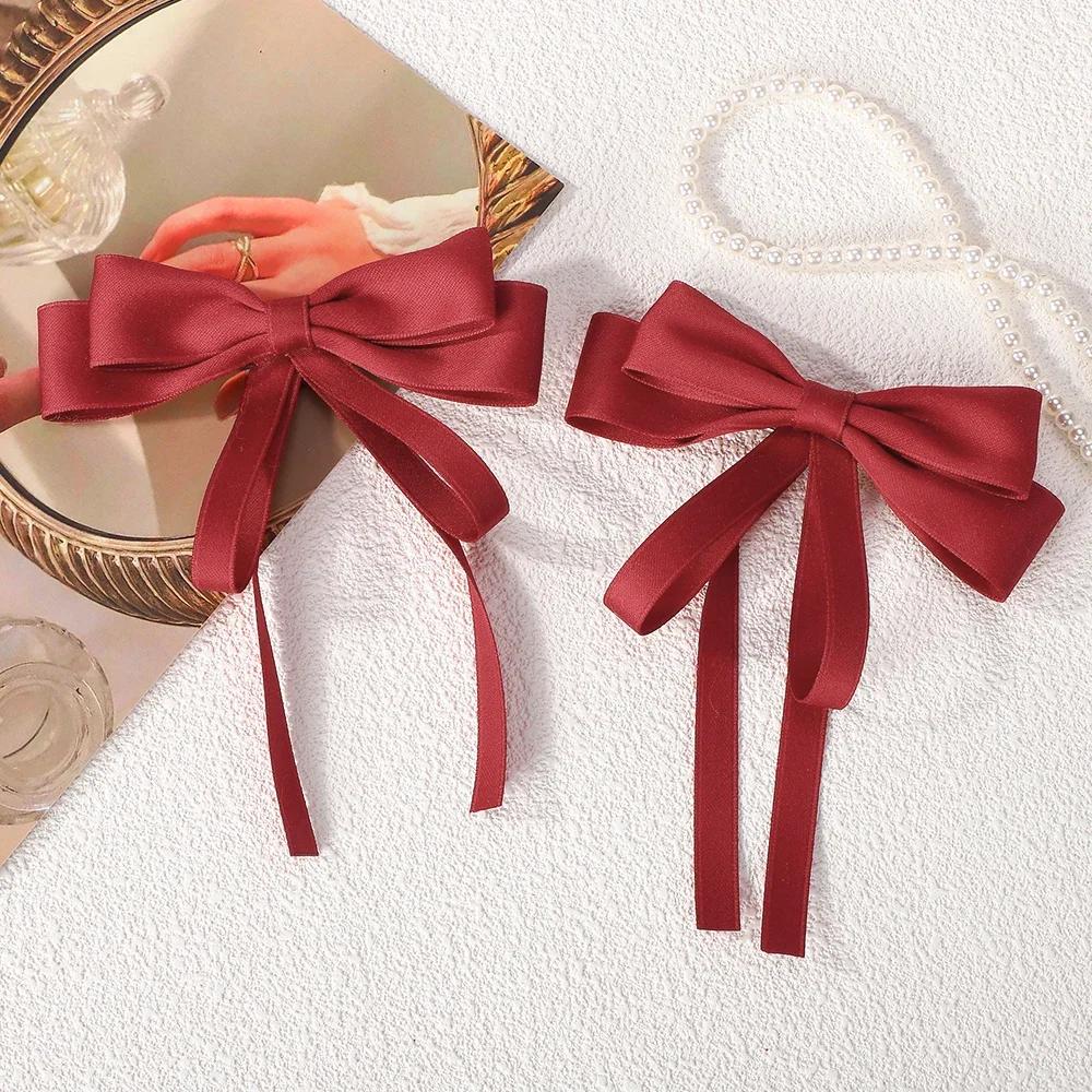 2pcs Elegant Bow Long Ribbon Hair Clips for Women Girls Sweet Large Bowknot Satin Hairpins Ponytail Headwear Hair Accessories