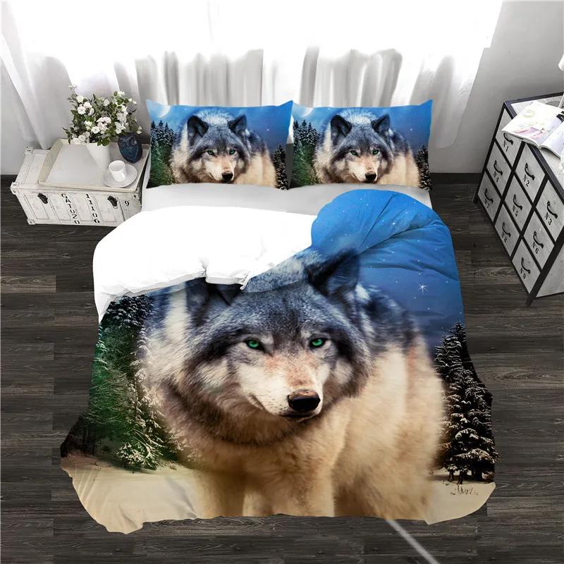 Wolf Howling At Moon Comforter Bedding,Kids Teens Green Galaxy Universe Animal Quilt Cover Set Included:Duvet Cover Pillowcase