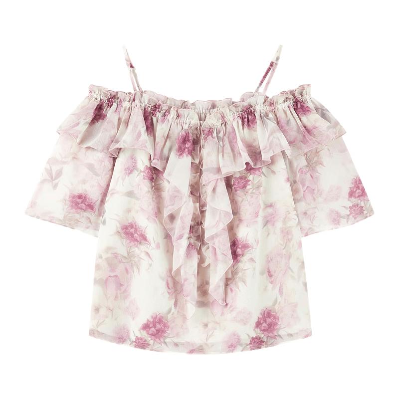 Qiu Shui Yi Ren Elegant Printed Ruffle Chiffon Top XL