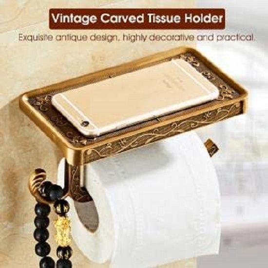 Toilet Paper Holder for Bathroom, Antique 3D Carving Wall Mounted Toilet Roll Holder with Stand, Anti-Rust, Aluminum
