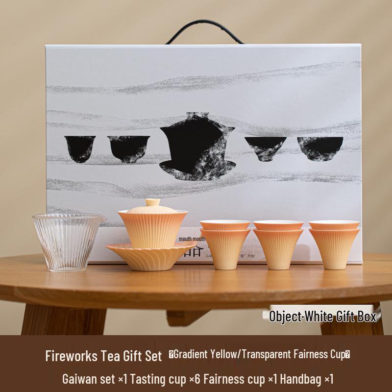Gradient Fireworks Blooming Gaiwan Teacup Set - High-end Ceramic Kung Fu Tea Set with Gift Box for Spring Festival Souvenir