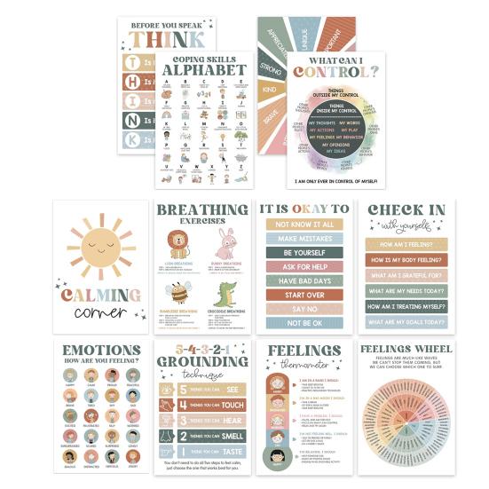 12Pcs Children Emotional Posters Set Mood Charts Emotions Poster for Kids Calm Down Corner Supplies for Preschool School