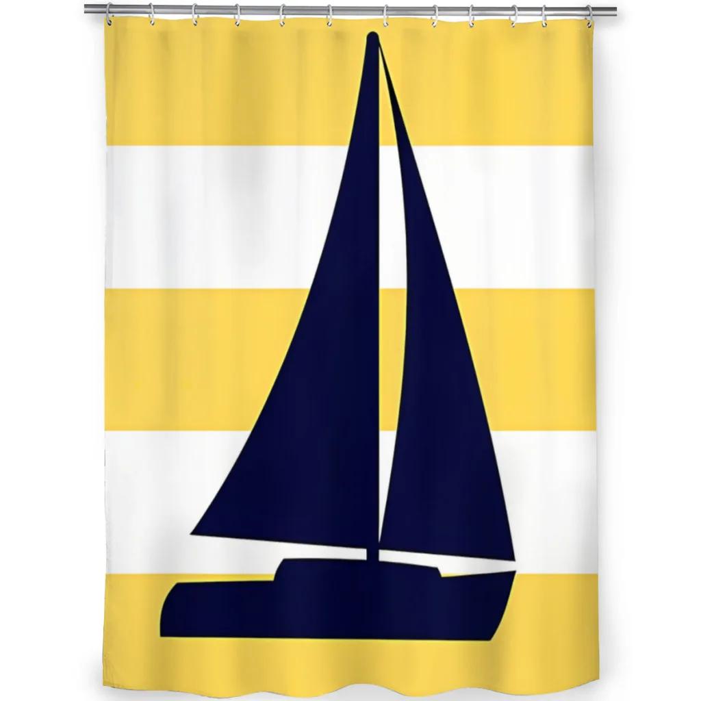 

Nautical Navy Sailboat On Mustard Yellow Stripes Bathroom Shower Curtains Waterproof Partition Home Decor Bathroom Accessories W60H190(CM)-1 Pcs