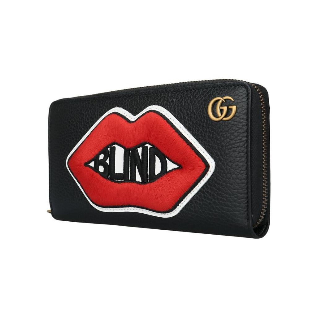 Gucci GG Red Lip Letter Embroidery Zipper Long Square Leather Card Holder Wallet Women wallet Black 474584-CAOIX-8381