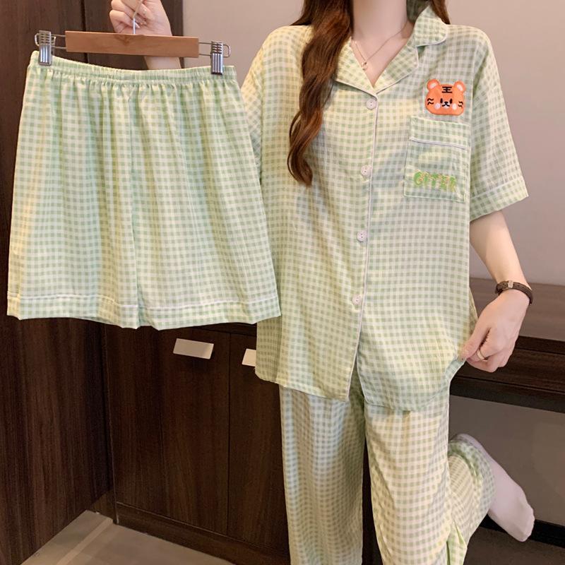 Cartoon Plaid Thin Summer Pajamas Women'S Cloud Cotton Short-Sleeved Three-Piece Set Student Loungewear