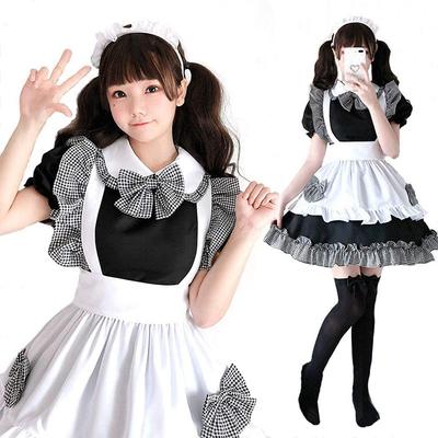 JUNDOMECY Niedliches kariertes Maid Übergröße Maid Kurz Schwarz und Foto Schulparty Kostüm, Hochwertiges Set, Klein, Cosplay, Ärmel, Rüschen, Weiß,