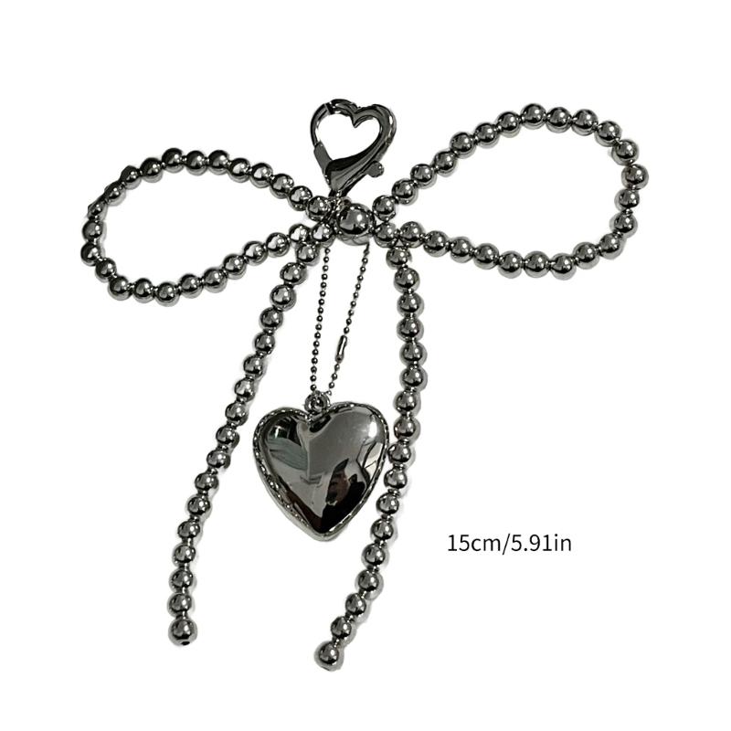 Bowknot Heart Pendant Keychain Beaded Phone Charm Detachable Bows Phone Lanyard Handmade Keyring Jewelry for Bag Purse