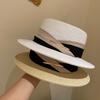 Flat Top Straw Hat British Hepburn Hat Women's Summer Straw Woven Beach Hat Sun Hat Travel Holiday Hat