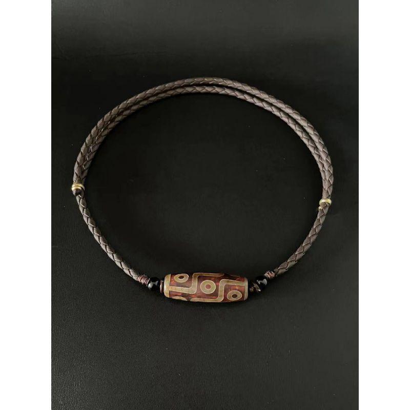Dzi Bead Pendant Necklace: Amber, Leather & Woven Rope for Men & Women