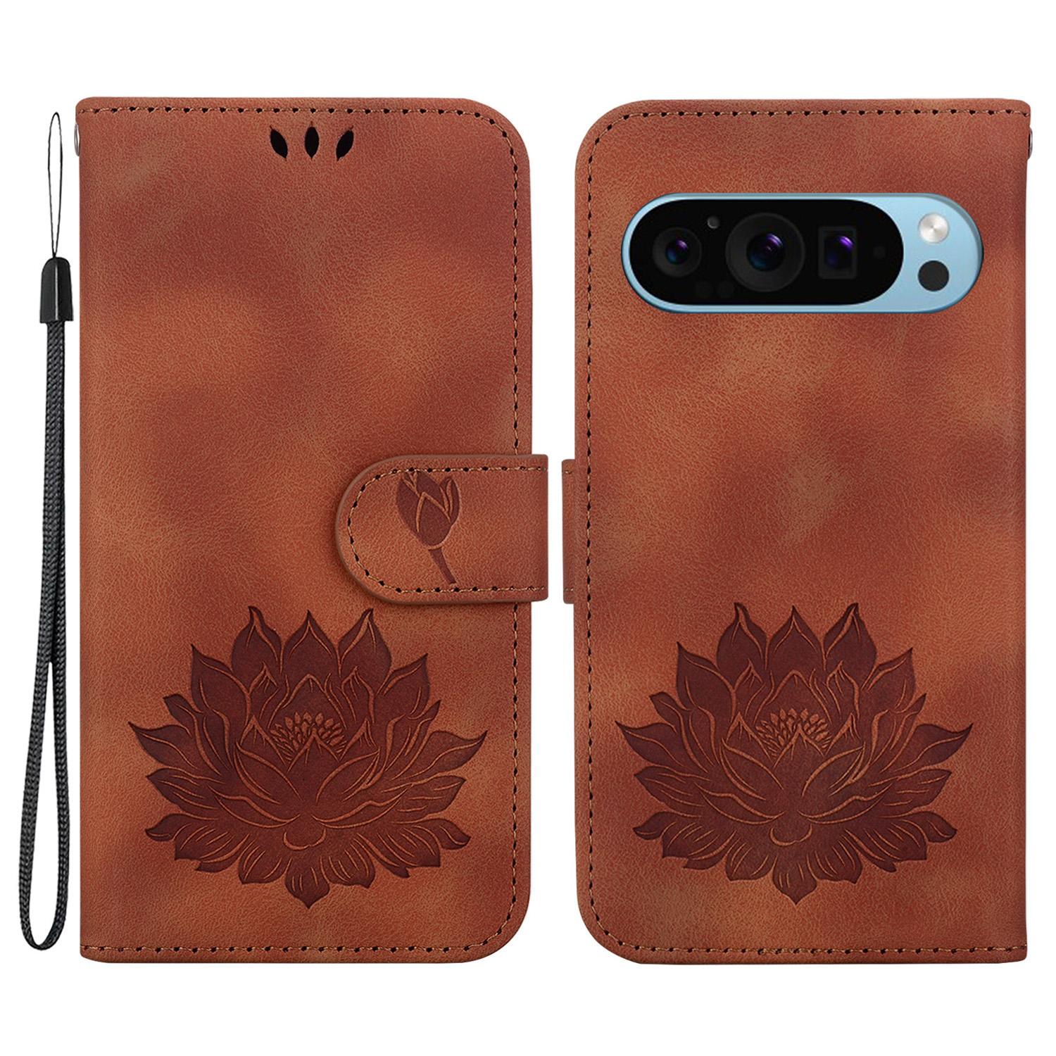 

For Google Pixel 9/9 Pro Case Lotus Pattern Leather Phone Cover Stand View Brown