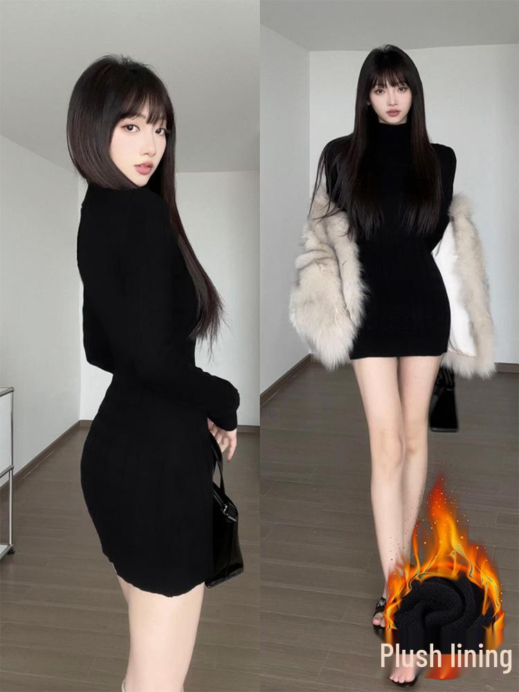 

Black Winter Fur-Lined Hip-Hugging Dress with Velvet Thickening - Slimming Short Skirt & Base Layer Coat L [105-120 kg]