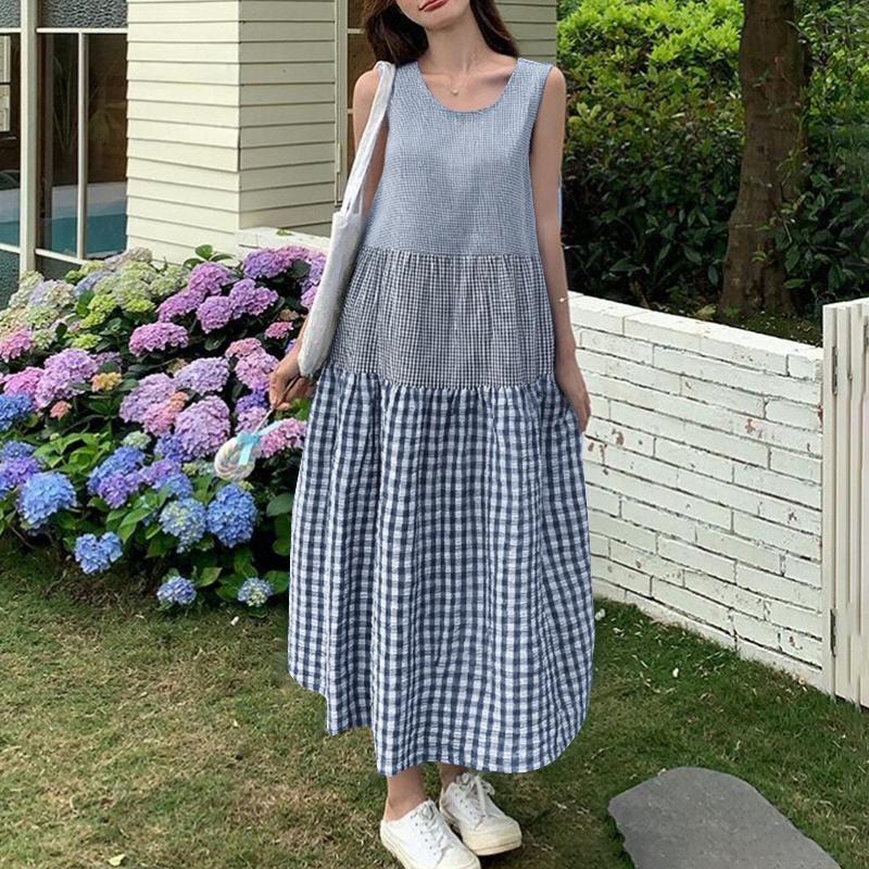 ZANZEA Women Summer Round Neck Sleeveless Grid Print Dress