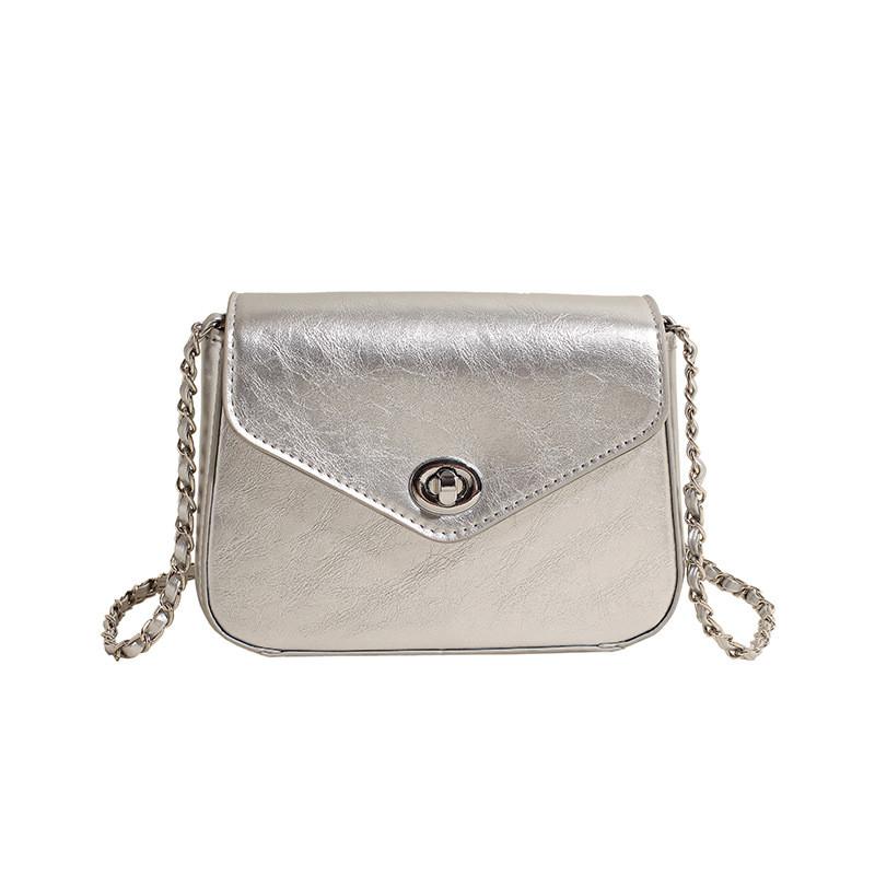 Ielgy Fashion Simple Solid Color Chain Messenger Bag Korean Version All-Match Texture Small Square Bag серебряный