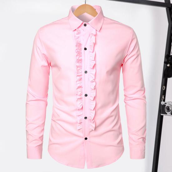 Men Shirt Retro Medieval Single-breasted Royal Style Ruffle Patchwork Lapel Collar Long