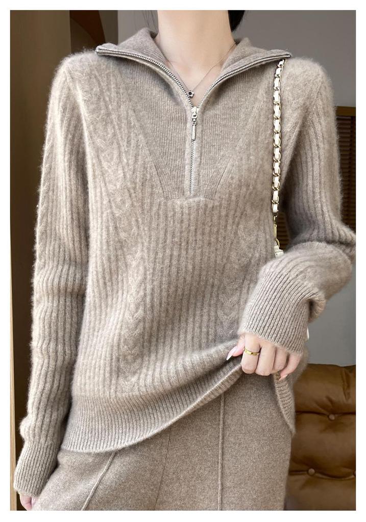 Women's High-Neck 100% Wool Cable Knit Sweater - Thickened Long Sleeve Zipper Pullover for Autumn & Winter