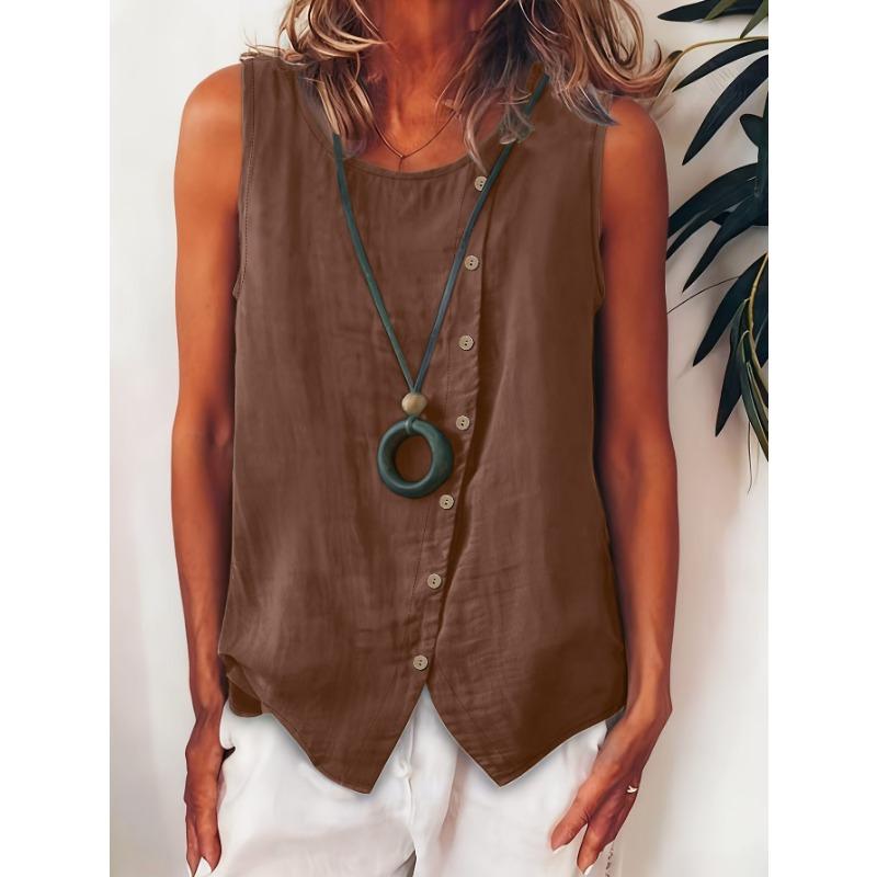 Damen Boho Locker Übergröße Diagonal Knopf Ärmellos Hemd Tanktop